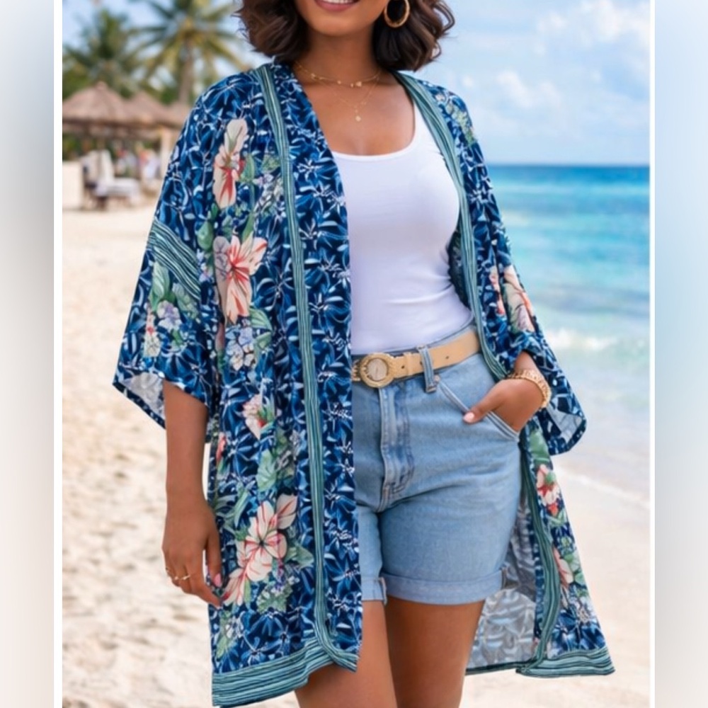 Max Studio Blue Floral Kimono Paradise Beach Open Front Lightweight Cover Up